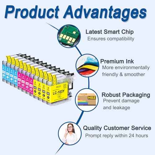 HGZ LC103XL Compatible Color Ink Cartridge Replacement for LC103 LC103XL Worked for MFC J870DW J450DW J470DW J650DW J4410DW J4510DW J4710DW J6720 (4 Cyan, 4 Magenta, 4 Yellow, 12 Pack)