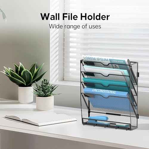 5 Tier Wall File Organizer - Hanging File Organizer with 5 Hooks, Mail Holder Wall Mounted for Papers, Folders, Magazines, Bills, Office&School Organization, Black
