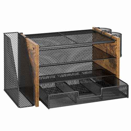 Wooden Desk Organizers and Accessories with File Holder, 4-Tier Paper File Organizer with Drawer & 2 Pen Holders, Office Desk Accessories, Desktop Organizer and Storage for Home Office