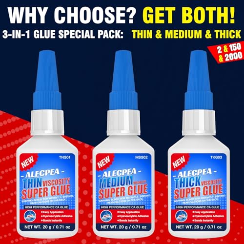 Alecpea 60g CA Glue Kit - Thin 2cP, Medium 150cP & Thick 2000cP (Clear) 3-Pack