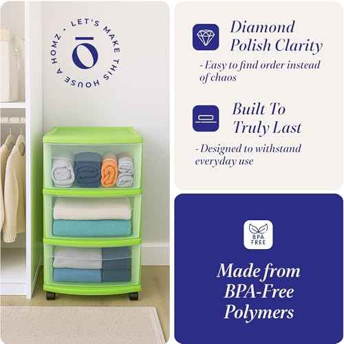 HOMZ Drawer Tower, 3-Tier Clear Plastic Storage Organizer Cart, Bold Lime Frame - Rolling Drawer Containers with Wheels for Bathroom, Bedroom, Office, and Classroom Organization