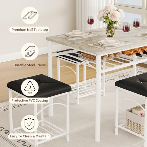 Garvee White Dining Table Set for 4 with Upholstered Bench, 2 Stools + Storage Rack