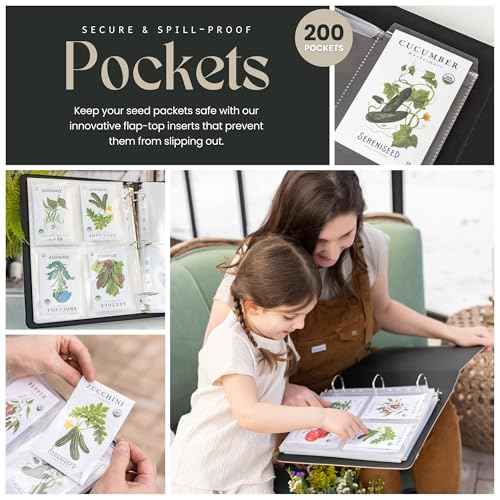 Seed Storage Binder ? Seed Packet Organizer w/50 Sheet Protectors & Protective Flap-Top Inserts Stores 200 Envelopes Binder w/5 Dividers for Sorting Seeds & Gardening Supplies