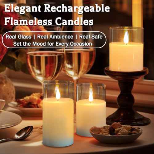 Rechargeable Flameless Glass Pillar Candles?Gifts for Women?Set of 3, Realistic Flickering LED Light,Remote & Timer, USB-Rechargeable, Ideal for Living Room, Bedroom & Holiday D?cor