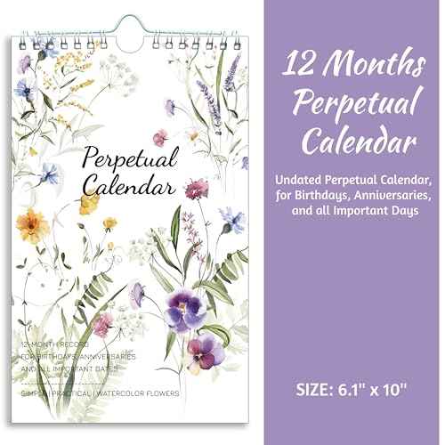 Perpetual Calendar ? Undated Calendar 12-Month for Birthday, Anniversaries, Important Days, Festivals Reminder, 6'' x 10'' with 2 Lines Per Days, Twin-wire Binding, Thicker Paper, Minimalist Flowers