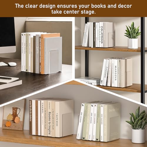 VFINE Clear Acrylic Bookends 6 Pieces - Transparent Book Holders for Shelves