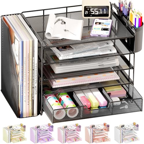 Desk Organizers and Accessories with File Holder, 5-Tier Office Desk Accessories & Workspace Desktop Organizer with Drawer and 2 Pen Holder, File Paper Organizer for Office Supplies(Black)