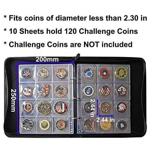 120 Pockets Challenge Coin Display Album Large Military Coin Collection Holder, Leather Storage Book with Zipper and Handle for Gold Silver Dollars, Pennies, Quarters, Stamps Collection