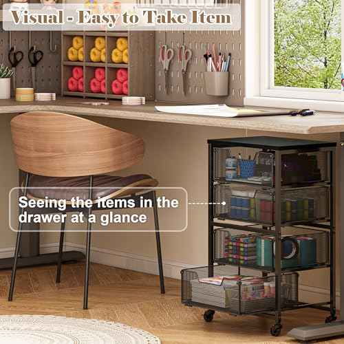 Rolling Cart with Drawers, 4-Drawer Storage Cart on Wheels with Wooden Top, Metal Utility Cart with Storage Drawers, Craft Storage Art Cart for Classroom, Office, Kitchen, Bedroom