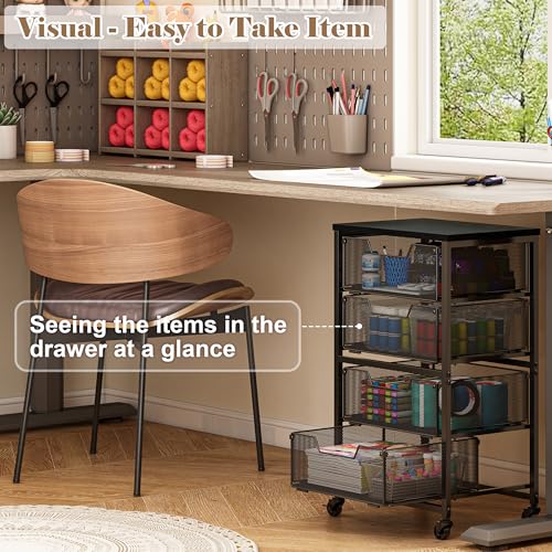 Aokitsink Black 4-Drawer Rolling Storage Cart with Wooden Top, Heavy-Duty Metal Frame
