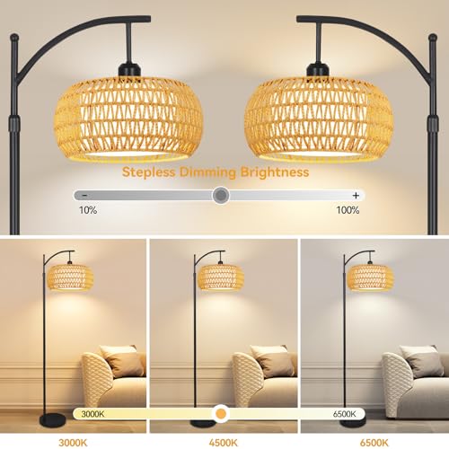 ZECOXOL Yellow Rattan Boho Floor Lamp with Remote & Dimmable LED, 12 Inch Shade
