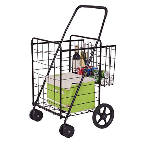 Black Folding Shopping Cart, WATERJOY Mobile Fold Shop Basket with Dual Swivel Wheels Portable Rolling Trolley Push Cart