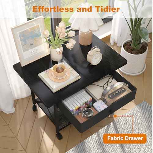 EasyCom 23.6" x 15.7" Extended Desktop Printer Stand with Storage Drawer, 2-Tier Under Desk Shelf Rolling Printer Cart with Wheels, Large Table for Home Office Fits 3D Printer Scanner Black