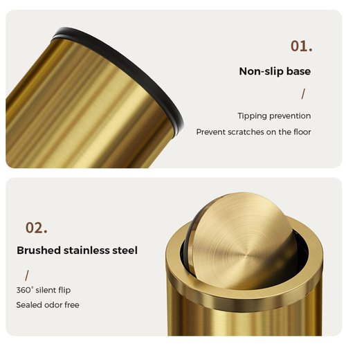 LEASYLIFE Small Trash Can with Flipping Lid，Gold Bathroom Trash can with lid，2.4gallon,Brass Trash can for Bathroom,Laundry，Hotel，Office， Laundry Room ，Metallic Gold (Single)