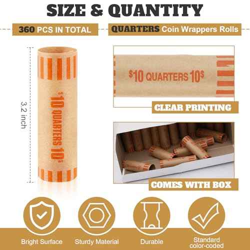 360 Pcs Preformed Coin Wrappers Quarter Rolls Wrappers Bulk Quarter,Pennies,Dimes Coin Rolls for Bank and Office(Orange)