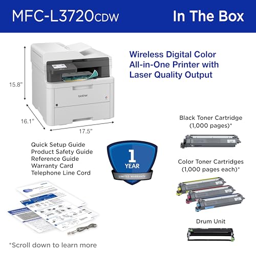Brother MFC-L3720CDW Wireless Color Laser Printer with Scanner, Copier, Fax, Auto Duplex, 250-Sheet Tray - New / Printer