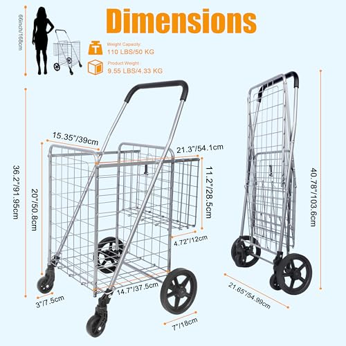 Whitmor Utility Folding Shopping Cart, 115L Heavy Duty Grocery Cart with Double Basket, 360¡Æ Swivel Wheels, Foldable Rolling Utility Trolley, 110 Lbs Capacity for Grocery, Laundry, Travel, Sliver