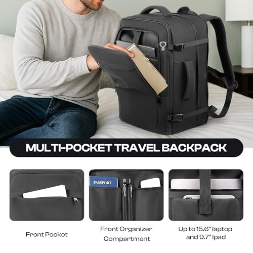 Carry on Backpack, 50L Expanable Travel backpack,TSA Airplane Approved, Daypack Weekender Bag Fits 17 Inch Laptop, Travel Gifts for Men, Black
