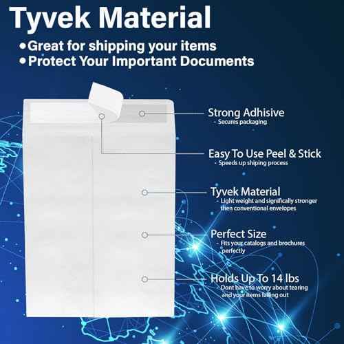 9 x 12 Envelopes, Tyvek Envelopes 9x12, Catalog Envelopes 9x12, Self Sealing Closure, Tyvek Material, 14 lb., Puncture, Tear & Moisture Resistant (50 Pack)