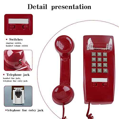 Retro Wall Phone, Sentno Vintage Wall Mounted Phones for Landline with Loud Mechanical Ringing, Wall Telephone with Ringtone and Handset Volume Control for Home, Office, Hotel and School (Red)