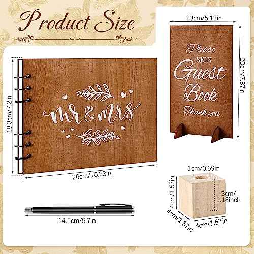Wooden Wedding Guest Book with Pen and Holder Table Reception Sign Wooden Guestbook Registry Album 50 Pages for Decorative for Wedding Anniversary Birthday Engagement Supplies(Fresh)