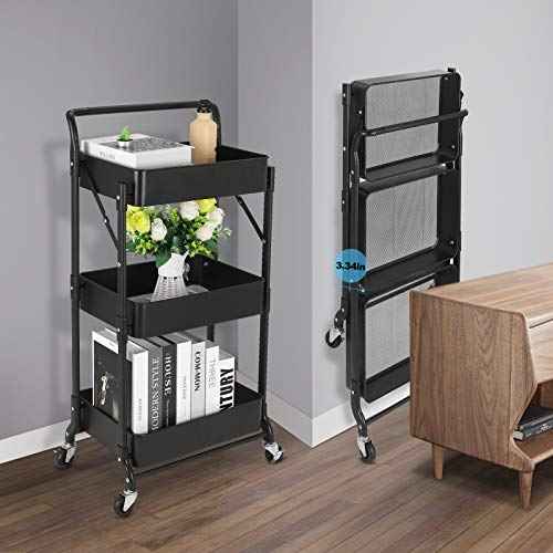 Foldable 3 Tier Metal Utility Rolling Cart, Folding Mobile Multi-Function Storage Trolley Organizer Cart for Home Library Office(Black)
