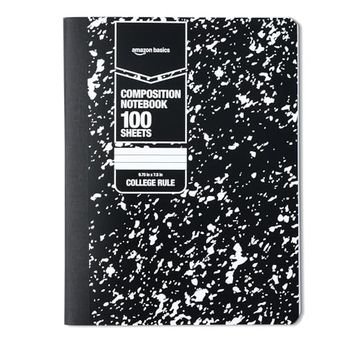 Amazon Basics College Ruled Composition Notebook - 100 Sheets, 9.75" x 7.5", Marble Black Sturdy Cover