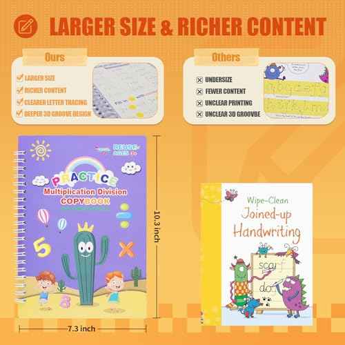 Upgraded Large Size Magic Practice Copybook for Kids, Reusable Grooved Handwriting Practice Book for Preschool Kids Age 3-8 Calligraphy with Catus Pens & Storage Bag (5PCS 7.3 * 10.3 inch)