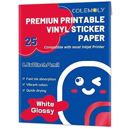 Glossy Sticker Paper Printable Vinyl for Inkjet Printer Adhesive White Decals Waterproof Quick Drying Tear Resistance Labels Letter Size 8.5x11 in for Craft,Scrapbook