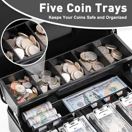 KYODOLED Locking Cash/Money Saving Organizer Box with Lock Safe with Key and Cash Tray, Black, 11.81Lx 9.45Wx 3.54H inches, XL Large