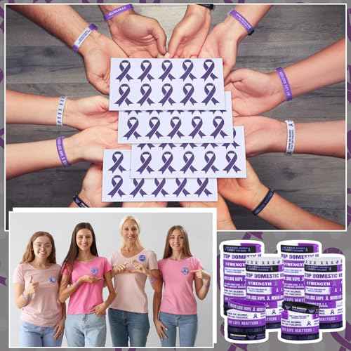 400 Pcs/100 Sets Domestic Violence Awareness Kit Include Purple Ribbon Pens Stickers Silicone Bracelets Wristbands Badges Pins for Domestic Violence Awareness Men Women Charity Gifts