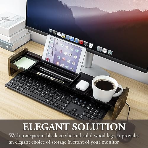 MyGift Premium Dark Gray Acrylic Desk Storage Tray with Rustic Burnt Solid Wood Side Panel Legs, Office Desktop Over Keyboard Supplies Holder, Includes Cable Organizer