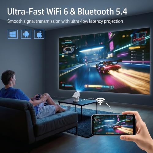LYNCast White HP Portable Projector with Built-in Apps & USB-C Power Bank Compatibility