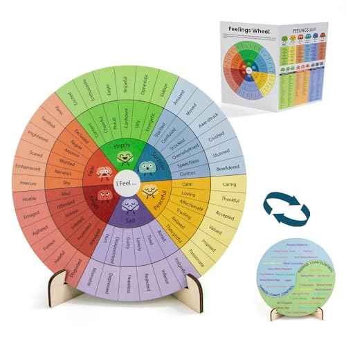 Feelings Wheel Therapy Office Desk Decor Emotions Double Sided Mental Health Office Desk Decor with 2 Page Emotions Card for School Counselor, Counseling Therapist, Therapy Office D?cor