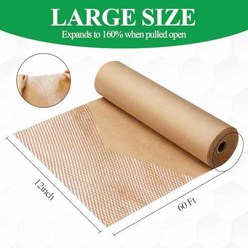 Honeycomb Packing Paper Wrap 12"x60' Recycled Bubble Cushioning Wrap Roll Eco Friendly Shipping Boxes Moving Wrap Packing Supplies Material with 10 Fragile Sticker Labels