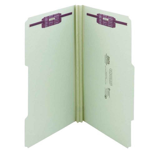 Smead Pressboard Fastener File Folder with SafeSHIELD Fasteners, 2 Fasteners, 2/5-Cut Tab Right of Center Position, Guide Height, 2" Expansion, Legal Size, Gray/Green, 25 per Box (19982)