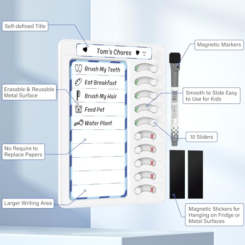 KAQUBE Blue Kids Chore Chart Dry Erase Task Board with 10 Sliders, Magnetic Marker, 9.77x7.01in