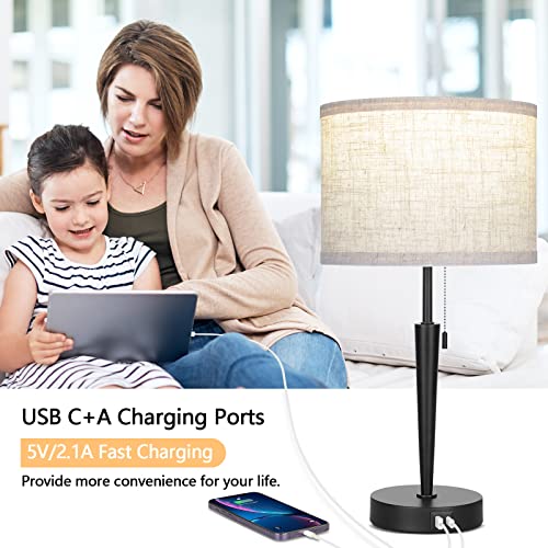 GGOYING Set of 2 Bedroom Table Lamps, Pull Chain Bedside Lamps with USB A & C Charging Ports,5000K LED Bulb,Linen Lampshade for Livingroom, Bedroom, Home