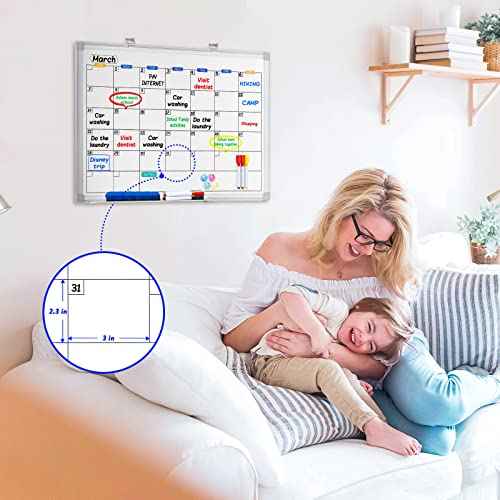Dry Erase Calendar Whiteboard for Wall, 24" x 18" Magnetic Monthly White Board Calendar Dry Erase, Wall Hanging Aluminum Frame with Tray for Home, School, Office