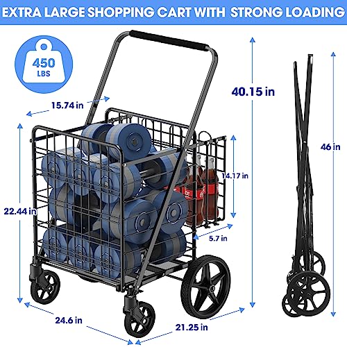 Super Jumbo 450lbs Capacity Folding Shopping Cart on Wheels - RXUJYC (Includes Large Front & Back Baskets) - Easy Assemble