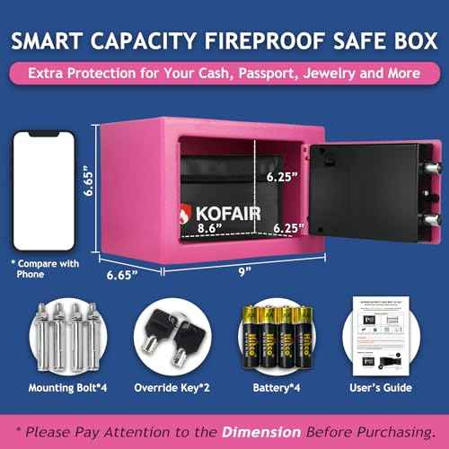 Safe Box for Home Safe (0.23 Cubic Feet) with Fireproof Bag, Personal for Money Safe for Cash Saving, Mini Safety with Key, Digital Safety with Light, Money Lock Box (Pink)