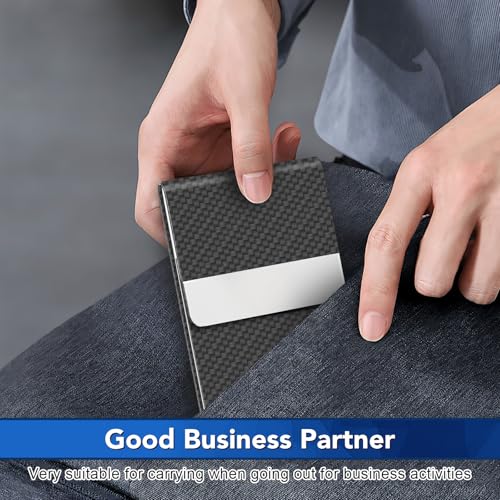 DMFLY Black Carbon RFID Blocking Slim Metal Business Card Holder - PU Leather, Magnetic Closure