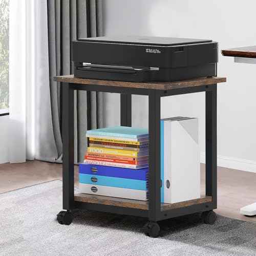 Under Desk Printer Stand, 2-Tier 19.5''x 16''x 22'' Rolling Printer Stand Storage Shelves for Printer, Scanner, Fax Machine, Files, Books with Anti-Skid Feet for Home, Office, Brown