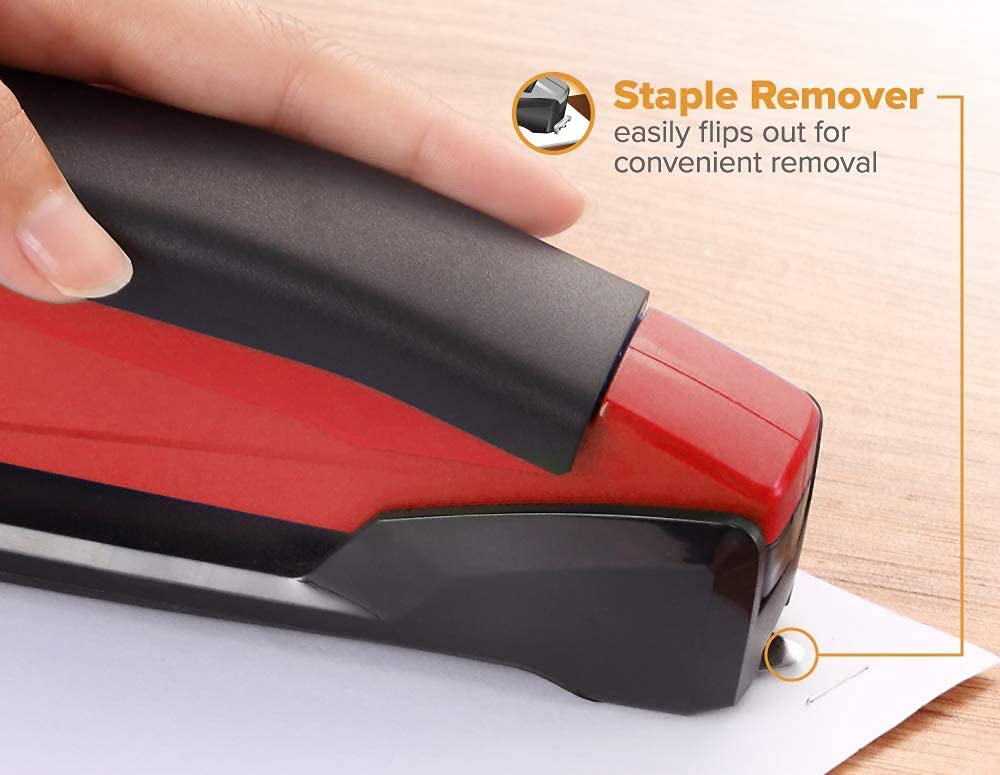 Bostitch Stapler - InPower, One Touch Heavy Duty Red Office Stapler with Built-in Staple Remover, 20 Sheet Capacity, 1260 Staples Included
