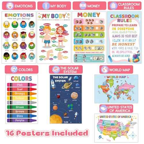 16 Educational Posters for Toddlers, Laminated Classroom Learning Posters, Kindergarten Classroom Must Haves, Preschool Homeschool Supplier Materials Alphabet Number Chart Classroom Wall Decor (New version, no printing errors)