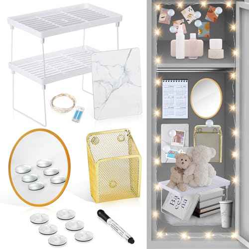 Honoson 13 Pcs Locker Organizer and Decorating Kit, First Day of School Essentials for Girl Marble Print Whiteboard with Markers Locker Shelf Plush Area Rug Mirror Magnetic Cup (Neutral Color)