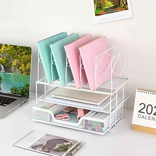 gianotter Desk Organizers and Accessories, Office Supplies Organizer with Sliding Drawer, Double Tray 5 Upright Section ?File Sorter (White)
