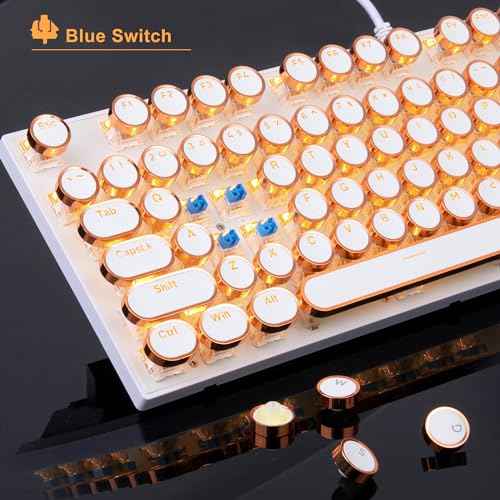 MageGee Typewriter Mechanical Gaming Keyboard, Retro Gold Punk Round Keycaps LED Backlit Wired Keyboards for Laptop MAC PC Gamer, with Magnetic Wrist Rest - Blue Switch