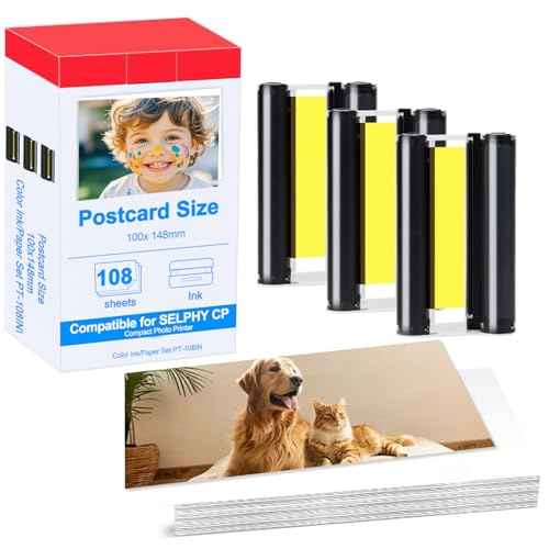 Compatible for Selphy KP-108IN KP108 3-Pack Color Ink Cartridges and 108 Sheets Paper Compatible for Canon Selphy CP1200 CP1000 CP910 CP900 CP810 Printer