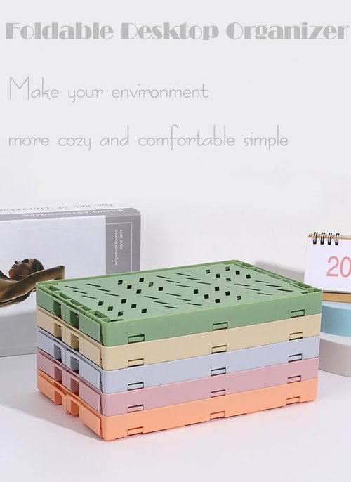 Dotbengc Small Storage Crates, Plastic Folding Baskets, Foldable Storage Bins, Stackable Collapsible Crates for Desk Organizing, Pastel Cute Basket Containers for Bedroom Home Office Organizer, 4Pack